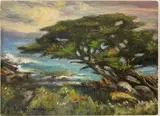 Seascape With Windblown Cypress On California Coast by American School, circa 1925, Oil on canvas, offered Feb 2023