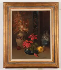 Still Life with Poinsettia by Tom Nicholas, Oil on canvas, sold Feb 2023