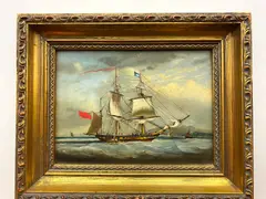 Joseph Nash, Three-masted Sailing Vessel Flying Union Jack, Near Coastline, oil on board