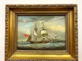 Joseph Nash, Three-masted Sailing Vessel Flying Union Jack, Near Coastline, oil on board