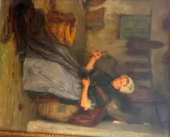 French School, Mending Nets, Oil on canvas