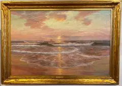 Warren Sheppard, Sunset Seascape with Lone Sailboat, Oil on canvas