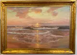 Warren Sheppard, Sunset Seascape with Lone Sailboat, Oil on canvas