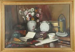 Ferenc Várdeák, Still life with Pitcher and Flowers, Oil on canvas
