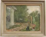 Gustav Trois, Untitled, PATIO IN SUMMER, circa 1984, oil on board