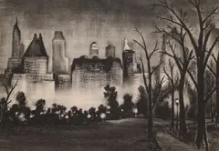 Adolf Dehn, Central Park at Night, 1934, Pencil dedicated "For Autumn Sims