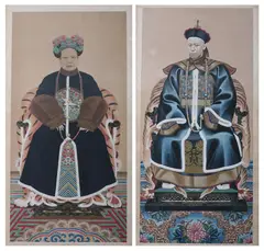Ancestor Portraits by Anonymous, Two ink and color on paper, sold Jun 2023