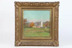 Charles B. Foster, Connecticut Landscape with Church, Oil on canvas. 19th century gilt frame