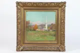 Charles B. Foster, Connecticut Landscape with Church, Oil on canvas. 19th century gilt frame