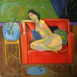 David Sharpe, Seated Nude with Flowers, Oil on canvas