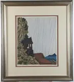 Unichi Hiratsuka, Rakan-ji at Yabakei in Oita Prefecture in the Rain (Ame no Yabakei, Pencil titled, signed and dated at base (plus there is an artist seal or stamp lower right hand corner)
