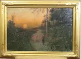 Flock of Sheep at Sunset by English School, Oil on canvas, offered Jul 2023