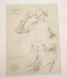 Joseph Cummings Chase, World War I Dough Boy, Silverthorne/wkith appreciation." Pencil drawing on paper, titled "Coffee! O Boy!" Noted on reverse in pencil, in different hand, "Please be very careful and do not lose this - it is the original sketch