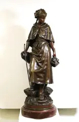 Eutrope Bouret, The Shepherd Girl, Bronze with brown patina on a red-marble rotating base