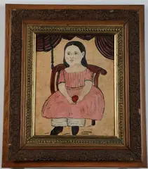 American Primitive School, Girl with Pink Dress Holding a Red Apple, Oil on metal plate