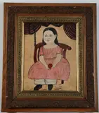American Primitive School, Girl with Pink Dress Holding a Red Apple, Oil on metal plate
