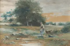 Rueben Legrande Johnston, Woman with Dog, Watercolor on paper