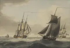 Samuel Atkins, Untitled, Samuel Atkins (c.1787-1808) Shipping off the coast watercolour 13 x 18cm