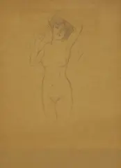 Raphael Kirchner, Untitled, Nude with arms raised pencil on brown paper 44 x 32cm