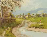 László Neogrády, An alpine scene with geese in a stream and a village in the distance