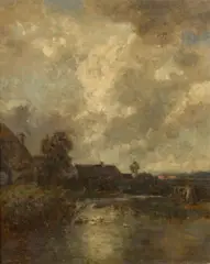 Philipp Röth, Cottages by a pond under cloudy skies, oil on canvas
