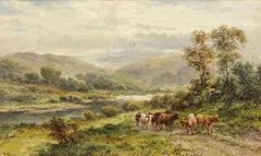 F. Allen, A pastoral landscape with cattle watering in a river; A herder and cattle on a path beside a river (a pair), first signed 'F. Allen' (lower right); second signed 'F. Allen' (lower left)