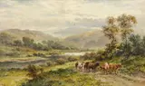 F. Allen, A pastoral landscape with cattle watering in a river; A herder and cattle on a path beside a river (a pair), first signed 'F. Allen' (lower right); second signed 'F. Allen' (lower left)