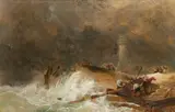 Robert Salmon, Salvage on the shoreline, oil on canvas