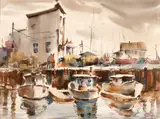 Harold Gretzner, Richmond Boat Harbor (double sided), watercolor on paper