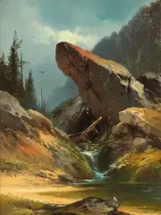 Andrew Melrose, A rocky pinnacle above a stream, oil on canvas