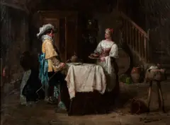Giorgio Baldero, A maid with a cavalier in a tavern, oil on canvas