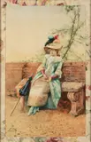 Léon Tombu, A lady on a park bench, watercolor on paper