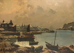 Claus Bergen, Fishing boats in a harbor, oil on canvas