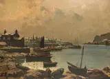 Claus Bergen, Fishing boats in a harbor, oil on canvas