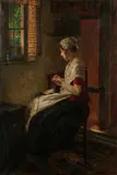 Walter Firle, An interior scene with a woman seated by a window knitting, oil on canvas