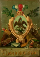 Mexican School, A still life of the coat of arms of Mexico with minting symbolism, oil on canvas