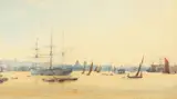 Arthur Ackland Hunt, A harbor scene, watercolor on paper