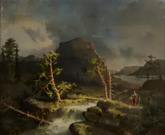Fagerskold, A landscape with figures by a river crossing under threatening skies, oil on canvas