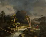 Fagerskold, A landscape with figures by a river crossing under threatening skies, oil on canvas