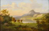 A wooded landscape with a lake and mountains in the distance by English School, oil on panel, sold Mar 2012