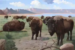 Charles Damrow, Buffalo herd, oil on canvas on panel