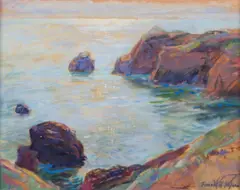 Frank Harmon Myers, Ocean bluffs; Bay at Evening (2), first acrylic on canvas board; second acrylic on board