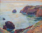 Frank Harmon Myers, Ocean bluffs; Bay at Evening (2), first acrylic on canvas board; second acrylic on board
