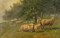 Thomas Corwin Lindsay, Sheep grazing in a meadow, oil on canvas