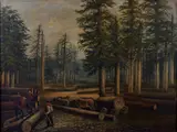 Lumberjacks at work by American School, oil on canvas, sold Mar 2012