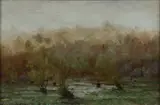 Two figures picking flowers, West Roxbury by American School, 1885, unsigned and inscribed 'West Roxbury 1885 H.C.A.' on the reverse oil on panel, sold Mar 2012