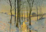 J. Alden Weir, A winter landscape, oil on canvas affixed to board