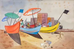 Gretta Bowen, Along the pier, 1957, watercolor and pencil on paper