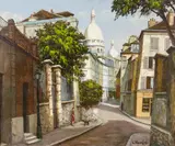 Constantine Kluge, Parisan street scene with a view of the Sacre Coeur in the background, oil on canvas