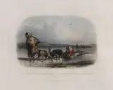 Karl Bodmer, Dog-Sledges of the Mandan Indians, pl. 29, from Travels in the Interior of North America, 1841, Etching, aquatint, and roulette with handcoloring and touches of gum arabic on wove paper, after watercolors by Bodmer
